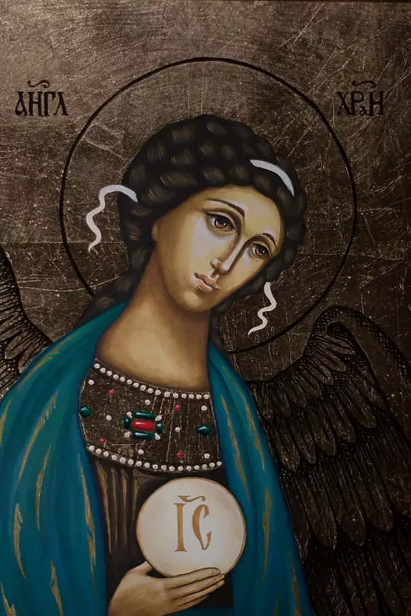 Anna Kloza Rozwadowska - Angel icon in emerald robes with a wedding gift
