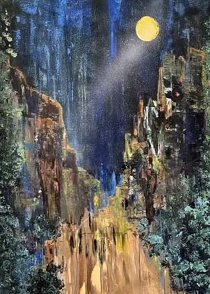 Ewa Mościszko, Im Mondschein Batu-Höhlen Kuala Lumpur, Acrylgemälde - , 55 x 75