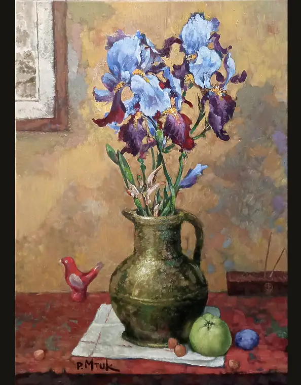 Piotr Mruk, Irysy w zielonym wazonie., Obraz akrylowy - płótno, 50 x 70
