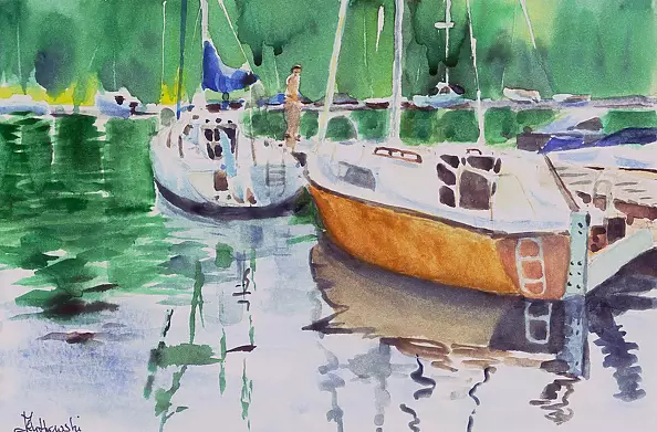 Zdzisław Rutkowski - Jachty w porcie - pastisz