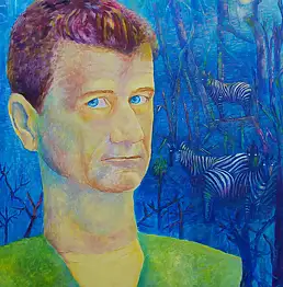 Magdalena Walulik, Janusz Palikot Portret z zebrami, Obraz olejny - płyta, 70 x 80