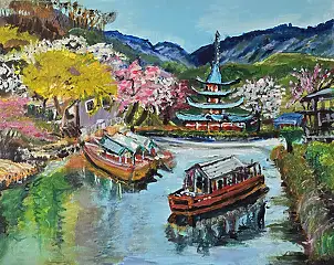 Krystyna Mościszko, Le Japon, pays des cerisiers en fleurs, Peinture acrylique - , 50 x 40