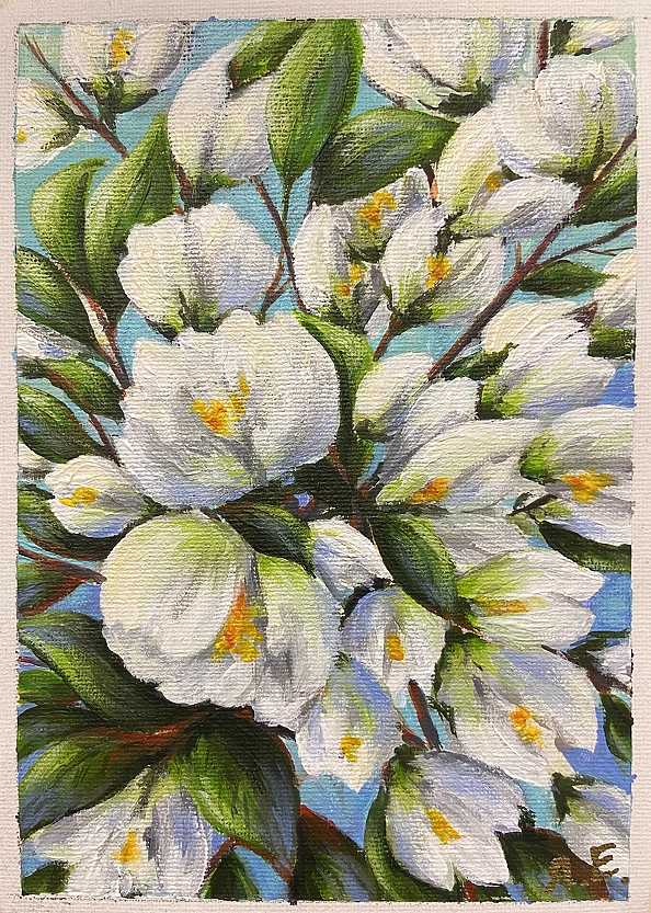 Yana Yeremenko - "Jasmine", flowers painting, acrylic
