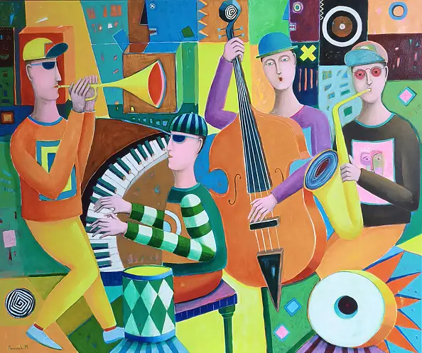 Mirosław Nowiński, "Retrospettiva sul jazz", Quadro ad acrilico - tela, 120 x 100
