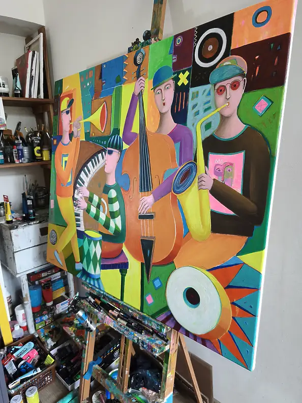 Mirosław Nowiński, "Retrospettiva sul jazz", Quadro ad acrilico - tela, 120 x 100