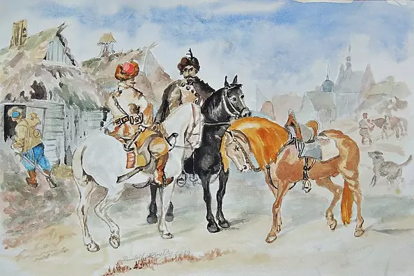 Rudolf Zmełty - Riders / watercolor by J.Kossaka /