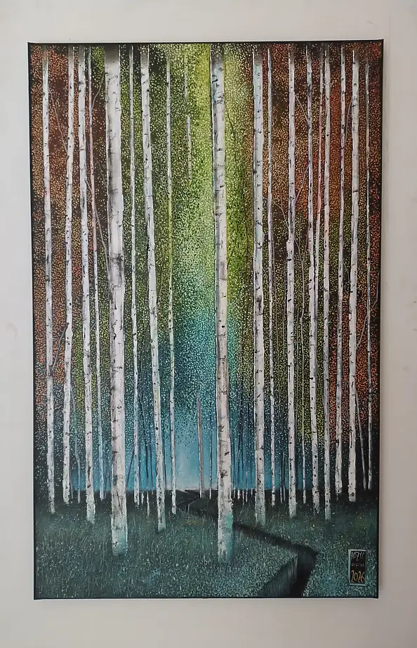 Dariusz Franciszek Różyc, ''KOMOREBI'' cykl ''Brzozy'', Obraz akrylowy - płótno, 47 x 80