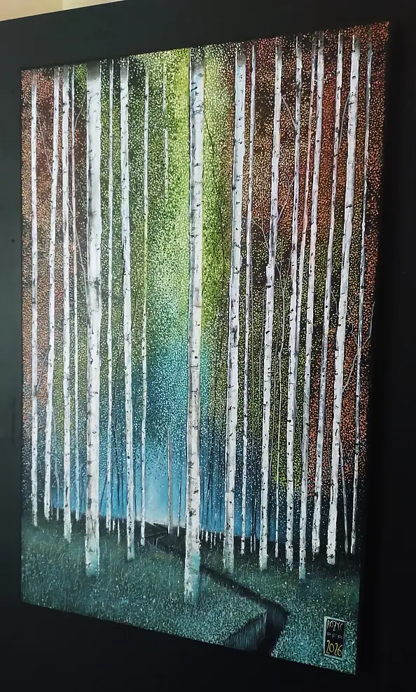Dariusz Franciszek Różyc, ''KOMOREBI'' cykl ''Brzozy'', Obraz akrylowy - płótno, 47 x 80