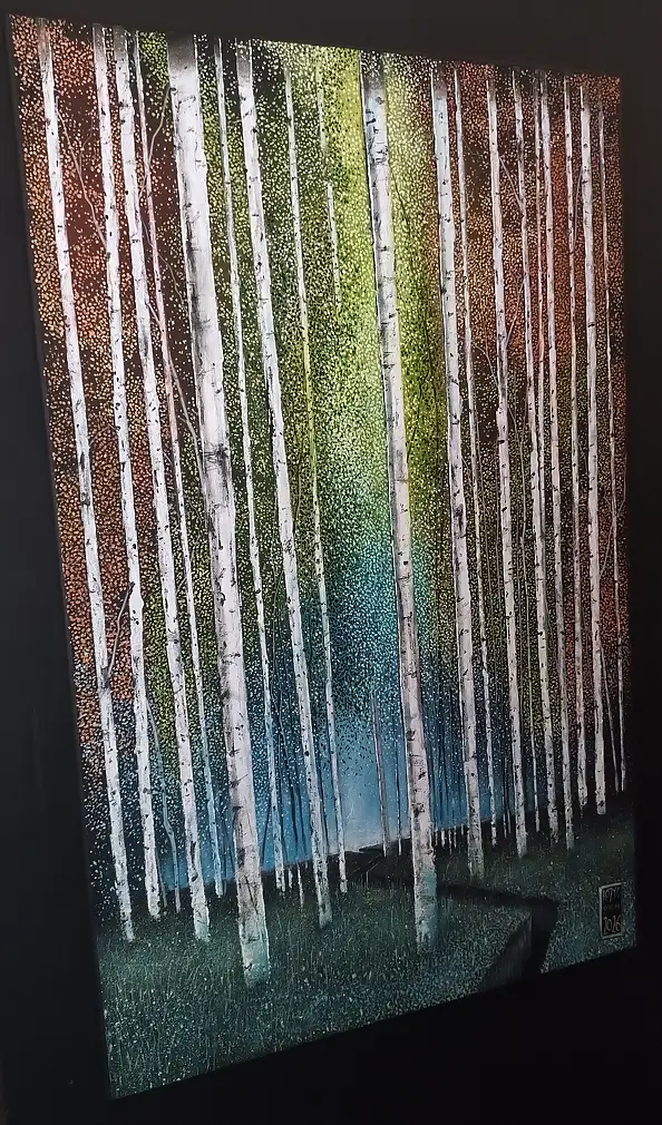 Dariusz Franciszek Różyc, ''KOMOREBI'' cykl ''Brzozy'', Obraz akrylowy - płótno, 47 x 80