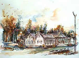 Bernadeta Nowak, KRYNICA ZDRÓJ - VECCHIA SALA POMPE COSTRUITA NEL 1896. FUNZIONATA PER QUASI 100 ANNI, Acquarelli, Guazzo - carta, 58 x 42