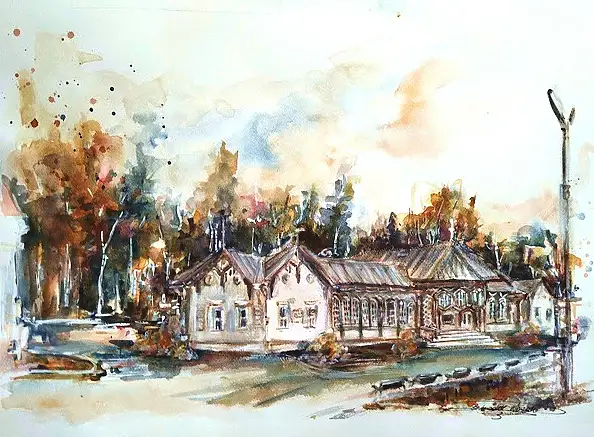 Bernadeta Nowak, KRYNICA ZDRÓJ - VECCHIA SALA POMPE COSTRUITA NEL 1896. FUNZIONATA PER QUASI 100 ANNI, Acquarelli, Guazzo - carta, 58 x 42