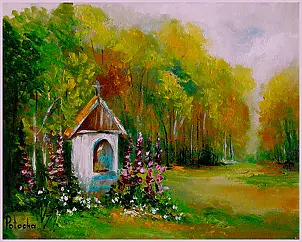 Grażyna Potocka - Roadside shrine in hollyhocks 24cm-30cm