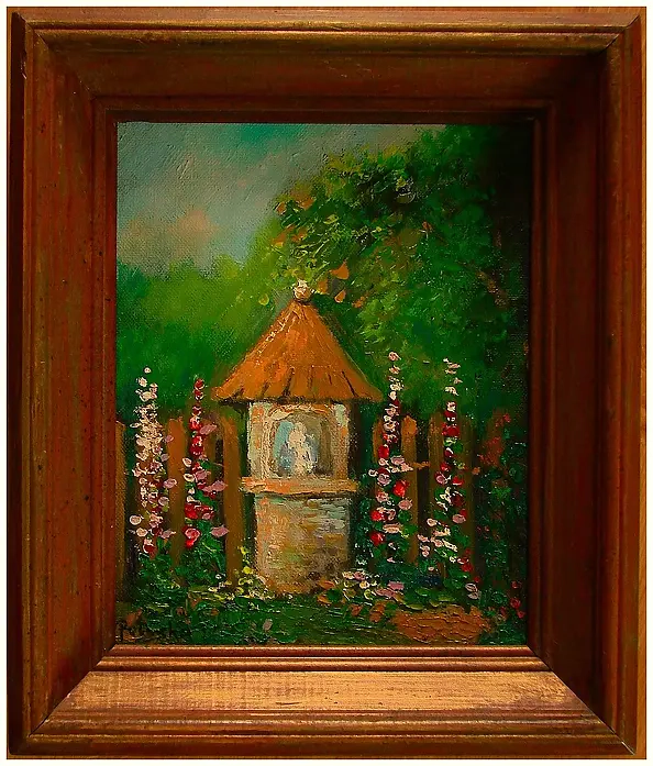 Grażyna Potocka - Kapliczka przydrożna w malwach  w ramie 20-25cm