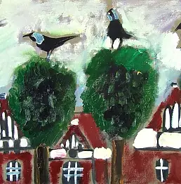 Rita Staszulonok, Kawki z Miastka, Obraz olejny - karton/tektura, 30 x 21