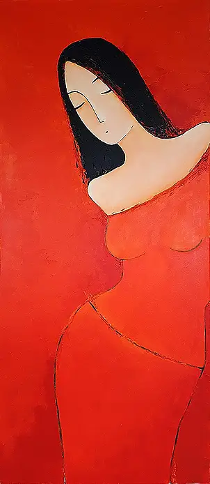 Agnieszka Beer, Frau in Rot, Acrylgemälde - Leinwand, 50 x 120