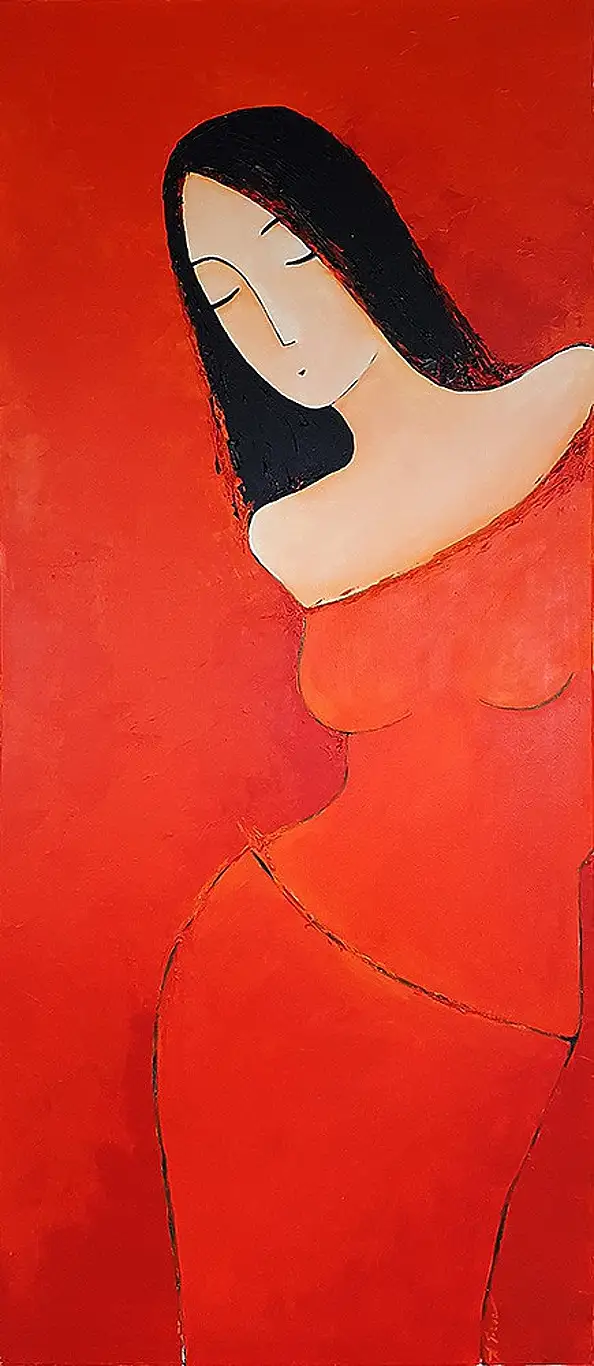 Agnieszka Beer, Frau in Rot, Acrylgemälde - Leinwand, 50 x 120