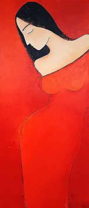Agnieszka Beer, Frau in Rot, Acrylgemälde - Leinwand, 50 x 120