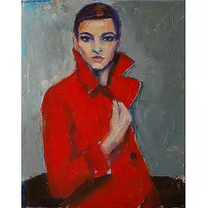   - A woman in a red coat