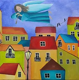 Jolanta Placzyńska, Разноцветные многоквартирные дома, Акрилова картина - холст, 70 x 40