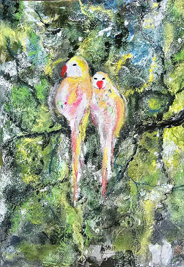 Ewa Mościszko - Watercolor composition entitled Lovebirds white