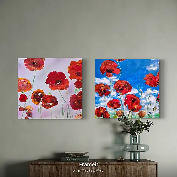 Ewa Mościszko, composition de pavots des champs, Peinture acrylique - toile, 50 x 50