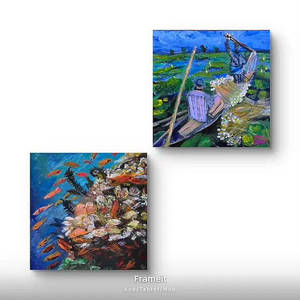 Krystyna Mościszko, Kompozycja underwater i Bangladesz, Obraz akrylowy - płótno, 40 x 40