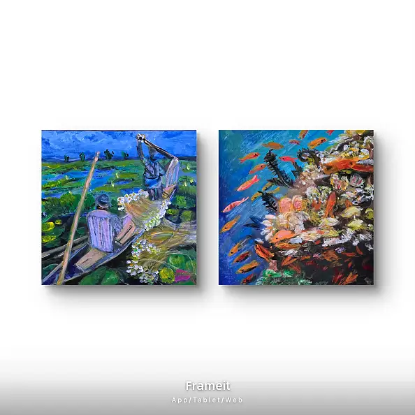 Krystyna Mościszko, Kompozycja underwater i Bangladesz, Obraz akrylowy - płótno, 40 x 40