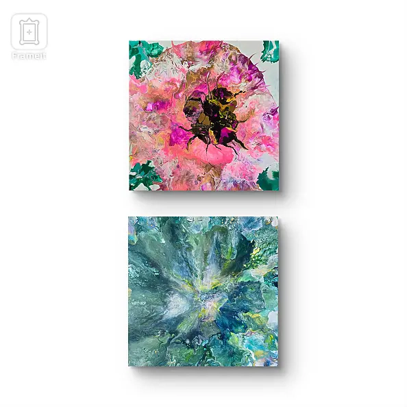 Ewa Mościszko - Kompozycja wiosenna,  akryl na płótnie, 40x40x2 cm.