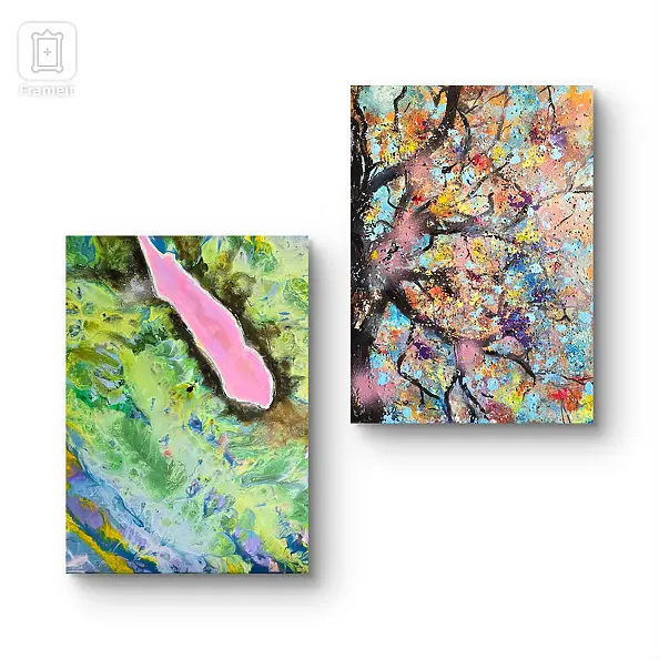 Ewa Mościszko - Kompozycja prac na płótnie,  Hillier- Whitsunday i bukowe zauroczenie,  50x40x2 cm.