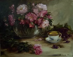   - Composition with roses and a cup
