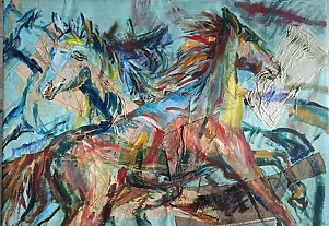 Anna Borcz - Horses on blue canvas