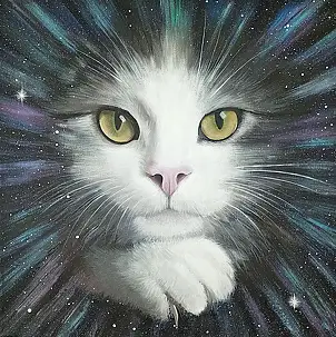 Luba Santkiewicz, Kosmische Beobachterkatze, Acrylgemälde - Leinwand, 40 x 40