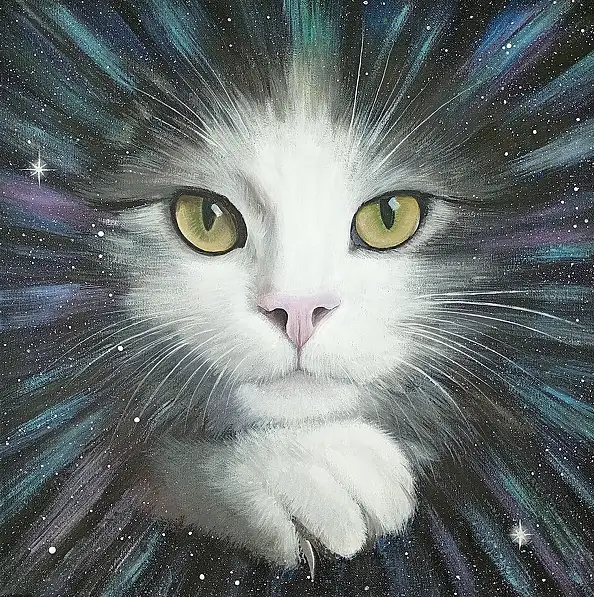 Luba Santkiewicz, Kosmische Beobachterkatze, Acrylgemälde - Leinwand, 40 x 40