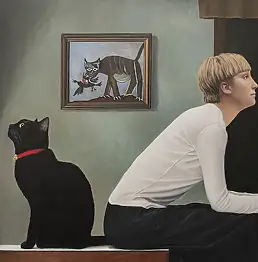 Nataliya Bagatskaya, Il gatto aspetta l'apocalisse mentre tu pensi alla cena, Dipinto acrilico - tela, 90 x 65