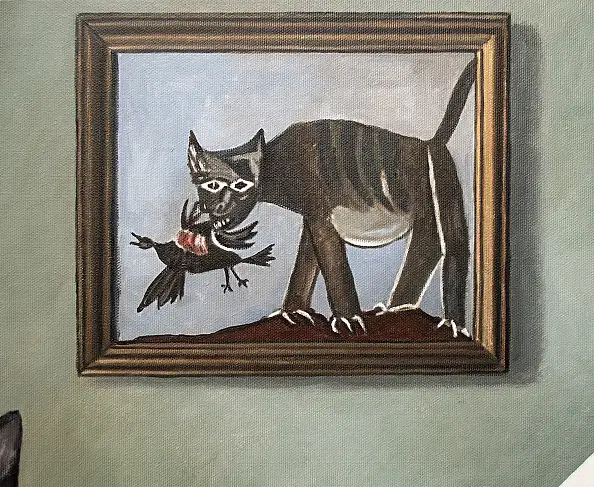 Nataliya Bagatskaya, Kot czeka na apokalipsę, a ty myślisz o kolacji, Obraz akrylowy - płótno, 90 x 65