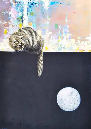 Aleksander Bednarski, The Cat and the Moon, Acrylic painting - canvas, 68 x 100