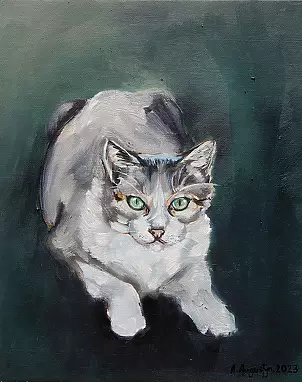 Amelia Augustyn - Katze auf grünem Hintergrund