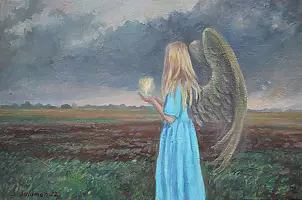 Sabina Salamon - Krajobraz z aniołem 60x40 olej plótno 