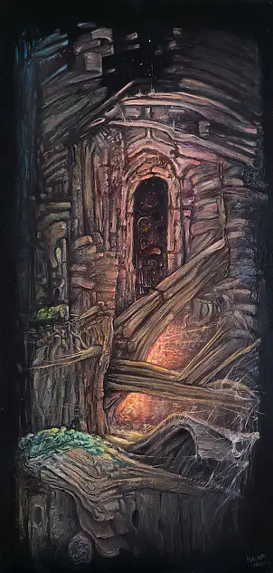 Wojciech Pater, Kryształ Przemian Mistrza Siu-Uo – Dezintegracja, Obraz olejny - płyta, 90 x 44
