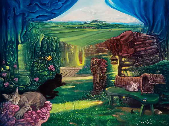 Wojciech Pater, Kryształ Przemian Mistrza Siu-Uo – Przemiana Trzecia - Przejście między Ogrodami przez Przedgórze Sudeckie, Obraz olejny - płyta, 80 x 60