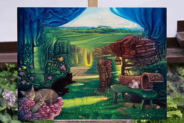 Wojciech Pater, Kryształ Przemian Mistrza Siu-Uo – Przemiana Trzecia - Przejście między Ogrodami przez Przedgórze Sudeckie, Obraz olejny - płyta, 80 x 60