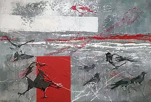 Krzysztof Trzaska - Krzysztof Trzaska, Winterlandschaft mit Vögeln aus der Serie Polnische Landschaften, Acryl / Leinwand, 95x135, 2016