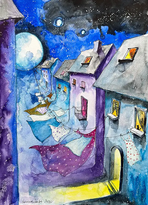 Adriana Laube, "Lavaggio lunare", Acquerelli, Altre - carta, 30 x 42