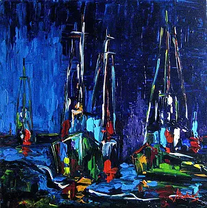 Jerzy Stachura - fishing boats at night