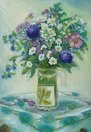 Jadwiga Rudnicka - Flowers on a blue tablecloth