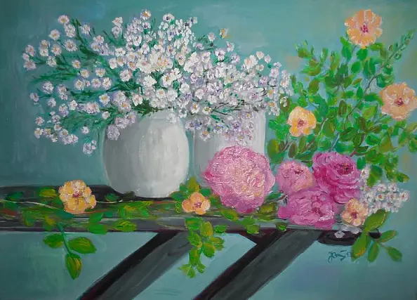 Jadwiga Rudnicka - Flowers on a wooden bench