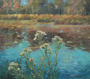 Sabina Salamon, Flowers by the pond, Oil painting - canvas, 40 x 35