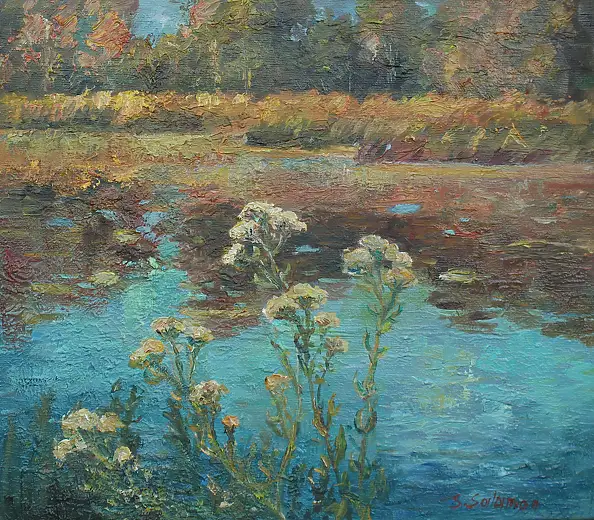Sabina Salamon, Flowers by the pond, Oil painting - canvas, 40 x 35