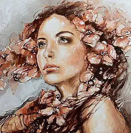 Elżbieta Brożek, Цветы в волосах, Масляная картина - холст, 50 x 40