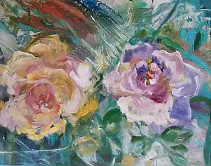 Anna Borcz, ROSES DE JUILLET, Peinture à l'huile - toile, 60 x 50